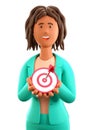 3D illustration of african american woman holding in her hands a modern target with a dart in the center, arrow in bullseye. Royalty Free Stock Photo