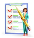 3D illustration of african american woman holding a huge pencil nearby a giant marked checklist on a clipboard paper