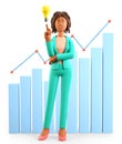 3D illustration of african american woman pointing finger at bulb. Cartoon businesswoman generating ideas, business strategy