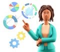 3D illustration of african american woman pointing finger at charts, diagrams, infographics and graph dashboard.