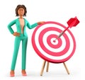 3D illustration of african american woman standing next to a huge target with a dart in the center, arrow in bullseye. Royalty Free Stock Photo