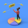 3D illustration of african american woman stands on a slice of chart pie and big yellow button that says data, data analysis Royalty Free Stock Photo