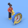 3D illustration of african american woman winds the clock with a key.3D rendering on blue background. Royalty Free Stock Photo