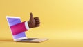 3d illustration. African cartoon character businessman hand shows thumb up, like gesture, sticking out the laptop screen. Royalty Free Stock Photo