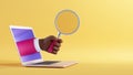 3d illustration. African cartoon character hand sticking out the laptop screen, holding magnifying glass. Computer clip art