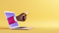 3d illustration. African cartoon character hand sticking out the laptop screen, holds abstract golden coin. Blockchain