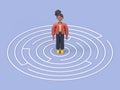 3D illustration of african woman Coco standing in the center of a maze.artwork concept depicts challenge, finding the way out,
