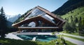 A house with a triangular roof and a pool in front of it created with Generative AI technology Royalty Free Stock Photo