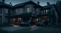 Two cars parked in front of a house at night created with Generative AI technology