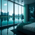 Ai generated a serene bedroom with a stunning waterfront view from the large window