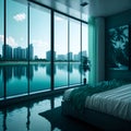 Ai generated a serene bedroom with a stunning waterfront view from the large window Royalty Free Stock Photo