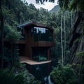 Ai generated a secluded house surrounded by lush greenery in the heart of the forest