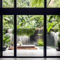 Ai generated a modern living room with stunning waterfall views through large windows