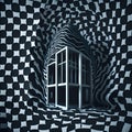 Ai generated a minimalist black and white checkered room featuring a large window