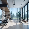 Ai generated a spacious and well-lit gym with a variety of workout equipment and large windows