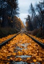 Ai generated train tracks covered in autumn leaves Royalty Free Stock Photo