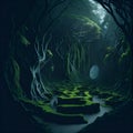 Ai generated a mysterious pathway leading through a dense, dark forest in the evening