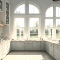A kitchen with a lot of windows and a ceiling fan created with Generative AI technology Royalty Free Stock Photo