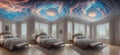 Ai generated a bedroom with a dreamy sky mural on the ceiling and a cozy large bed