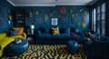 Ai generated a modern living room with blue walls and yellow accents Royalty Free Stock Photo