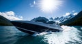 Ai generated a speed boat racing on the water with stunning mountain scenery in the background Royalty Free Stock Photo