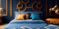 Ai generated a stylish bedroom with blue walls and elegant gold accents Royalty Free Stock Photo