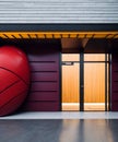 Ai generated a bright red ball in front of a modern building