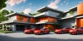 Ai Generated Three Vibrant Red Sports Cars Parked Outside A Modern Building