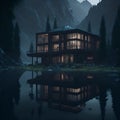 Ai generated a serene lakefront house surrounded by lush forest