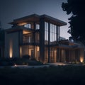 Ai generated a stunning modern house shining brightly in the night