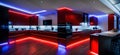 Ai generated a modern kitchen with vibrant red and blue lighting Royalty Free Stock Photo