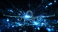 A 3D illustration of an airplane flying through a sky filled with vibrant blue lights, creating a mesmerizing and magical scene