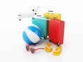 3d Travel suitcase with Beach ball and flip flops. Royalty Free Stock Photo