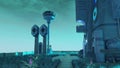 3D-illustration of an alien city and scifi architecture somewhere in the galaxy Royalty Free Stock Photo
