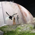 Illustration of an alien and an astronaut looking at flying dragon against a rising planet