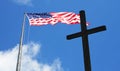 3D ILLUSTRATION: American USA flag and religious Christian cross with blue sky and clouds Royalty Free Stock Photo