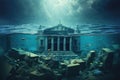 3D Illustration of an ancient Greek temple underwater with corals, Banking crisis, depiction of a bank sinking underwater, AI