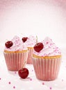 3D illustration of Appetizing cupcakes with swirled icing sugar and cherries