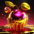 3d illustration of apple with drops of honey on a dark background Generative AI