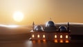 3d illustration arab mosque on the background of sunset in the desert, Ramadan concept