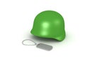 3D illustration of army dog tag and metal helmet