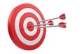 3d illustration. Arrows that hit the exact center of the target. Marketing business strategy concept Royalty Free Stock Photo