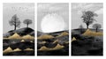 3d illustration artwork wallpaper landscape trees, black and golden mountains in a graywith birds and moon Royalty Free Stock Photo