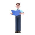 3D illustration of Asian man Felix with book. learning concept.3D rendering on white background.