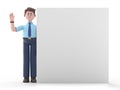 3D illustration of Asian man Felix with hand up, stands behind the blank poster, isolated on white background