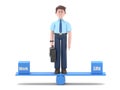 3D illustration of Asian man Felix is standing at the center of a seesaw with Work and Life boxes at the sides.