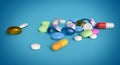 3d illustration of assorted and colorful medicines isolated on blue background