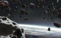 3D illustration of asteroid field in space. Meteors at orbit. 5K realistic science fiction art. Elements of image provided by Nasa