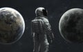 3D illustration of astronaut between Earth and Moon. Artemis space program. 5K realistic science fiction art. Elements of image Royalty Free Stock Photo