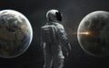 3D illustration of astronaut between Earth and Moon. Artemis space program. 5K realistic science fiction art. Elements of image Royalty Free Stock Photo